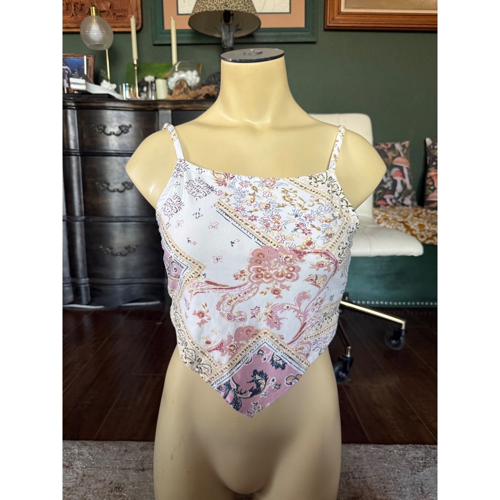 Derek Heart Paisley Scarf Print Handkerchief Hem Tie Back Crop Top Pink Cream M